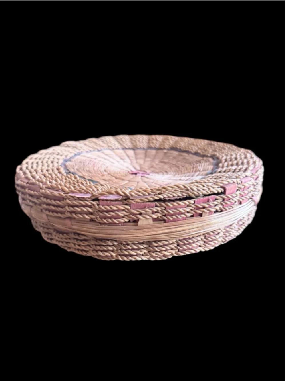 Vintage Woven Sewing Basket w/ Lid Coiled Fiber Thread Spools Cottagecore Decor